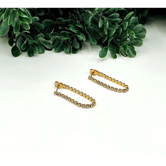 Gold Tone with Rhinestone Bar Chain Hoop Earrings - Picture 3 of 5